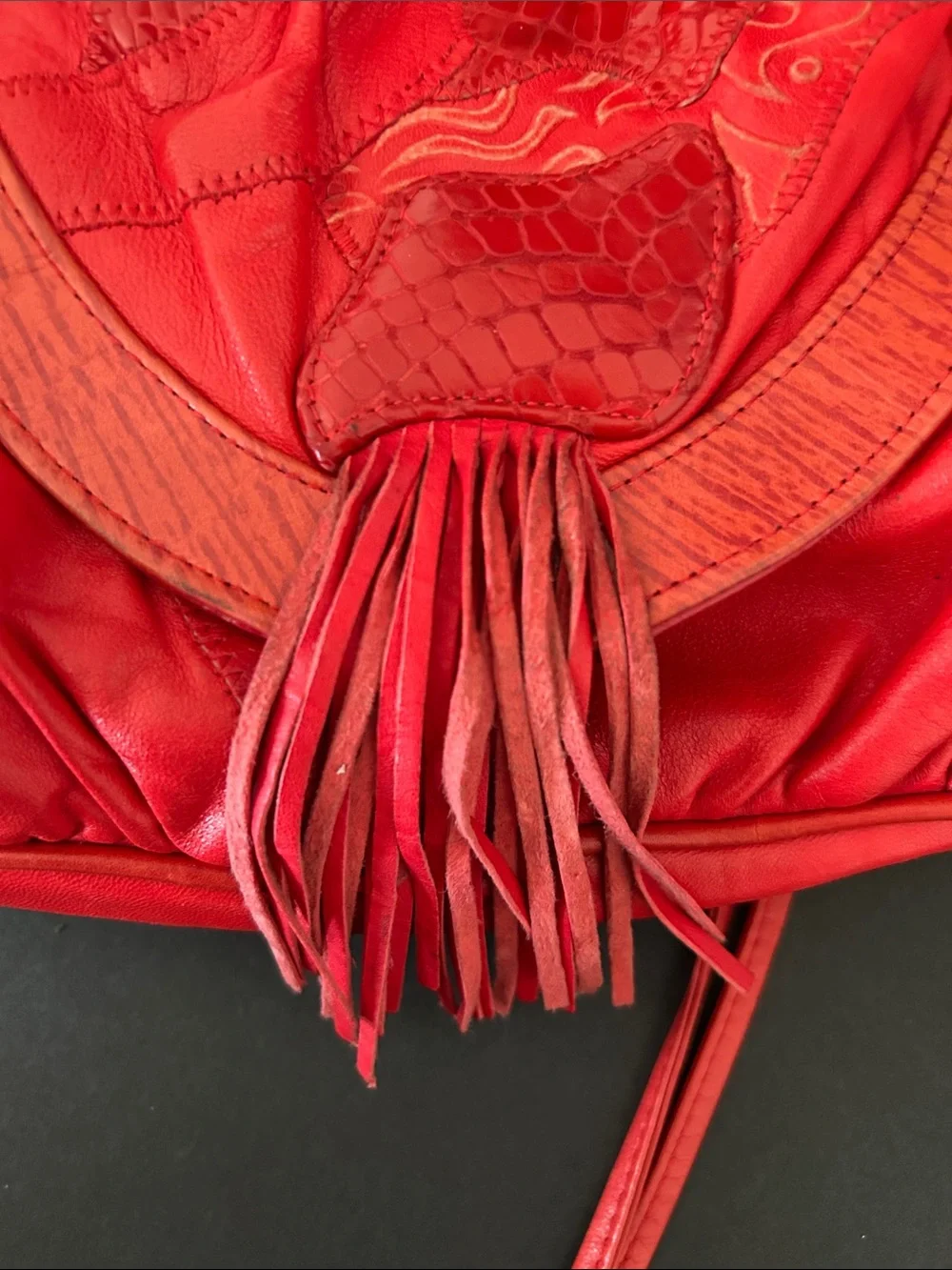 Viva of California Vintage Red Leather Fringe Shoulder Bag with Embossed Detail
